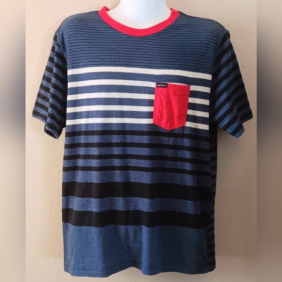 QUICKSILVER Striped Ringer Pocket Tee T-shirt L Black Red Skater Surfer Beach - Picture 1 of 8